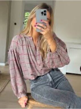 Plaid Button-Front Blouse - wine